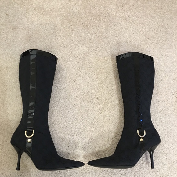 Gucci Monogram Heel Boot Black Canvas Gold Hardware Size 5.5 - Picture 2 of 5